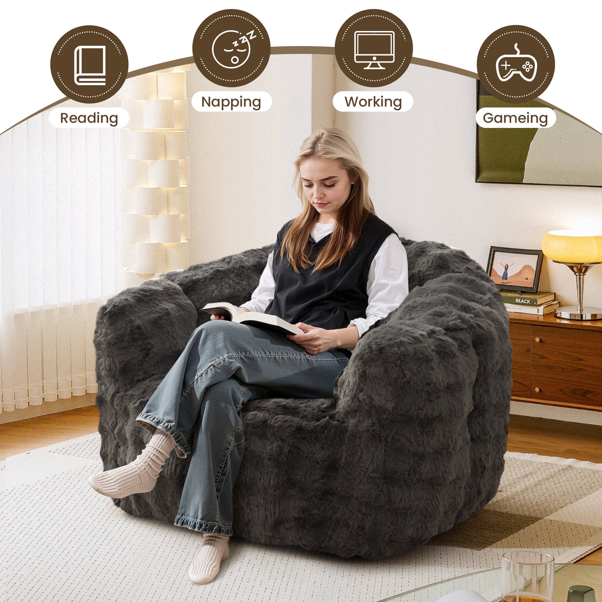 SERWALL Giant Bean Bag Chair, Oversized 3.6 FT Beanbag Chair, No Assembly Lazy Sofa Chair with Premium Memory Foam Filler and Chair Cover for Living Room, Bedroom, Dorm