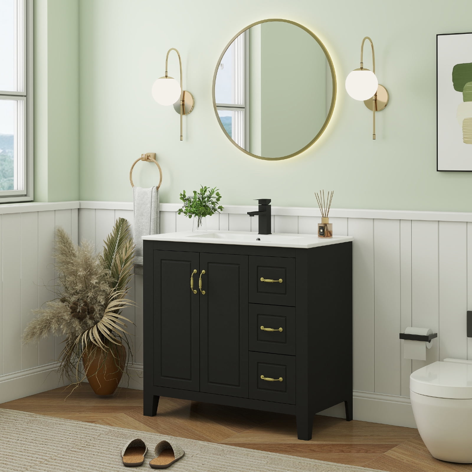 FULLWATT 36" Bathroom Vanity, Painted Surface Solid Wood Frame Bathroom Storage Vanities Set with 3 Drawers, Louvre Design Cabinet with Sink, Black