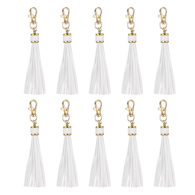 10pcs Borlas de Cuero PU, Charm de Borla de 6" con Gancho Giratorio para Hacer Joyería (Blanco)