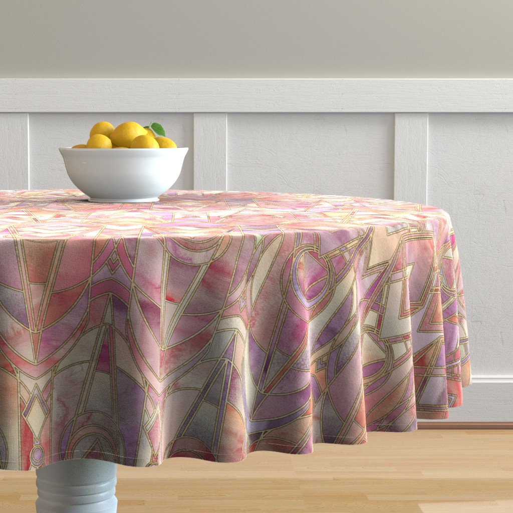 Round Tablecloth Art Deco Nouveau Geometric Peach Coral Watercolor