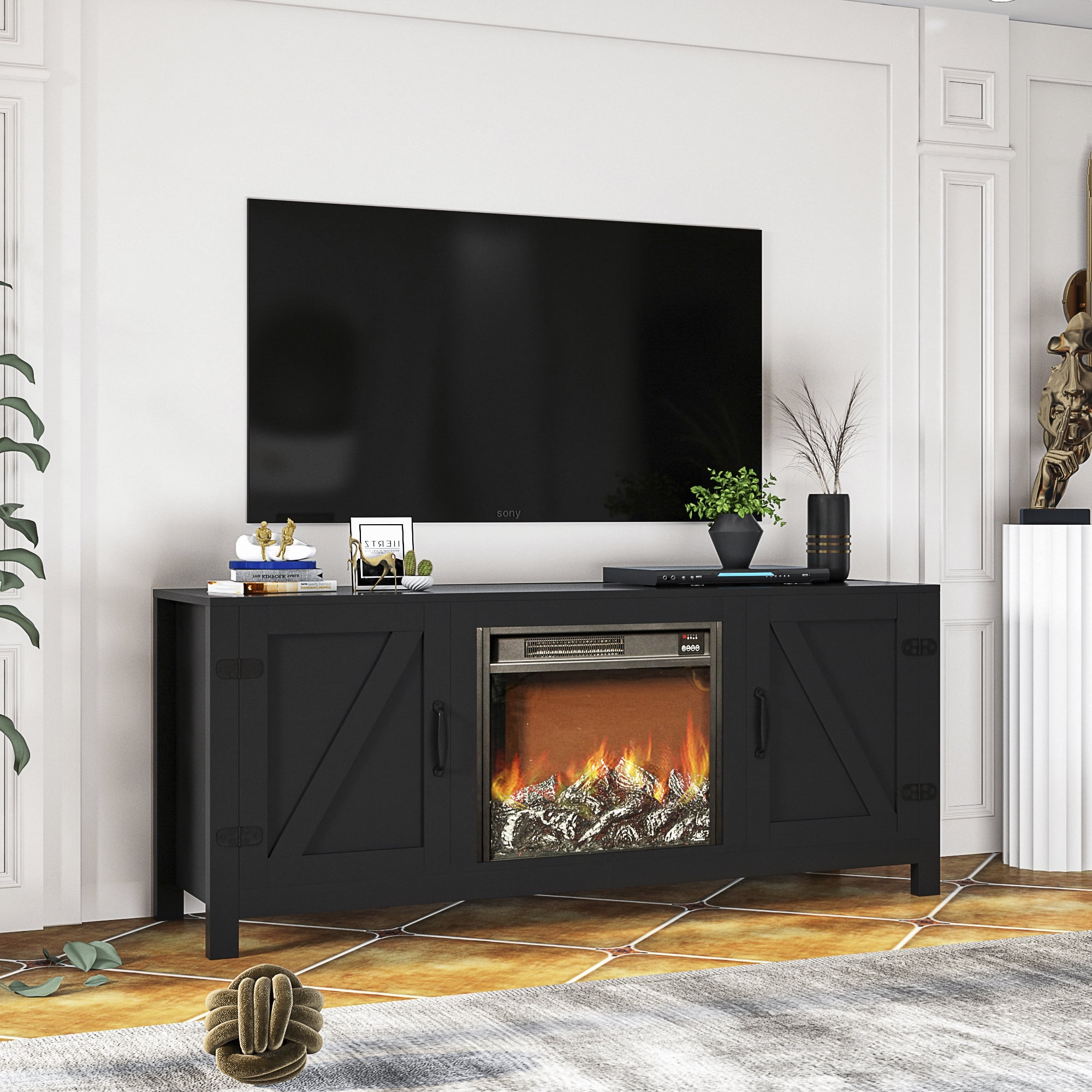 Electric Fireplace TV Stand for 65 inch TV, Wooden TV Cabinet Console Table  with Open Storage Shelves, Entertainment Center for Living Room, Bedroom,  Black, 58L x 16W x 24H - Walmart.com