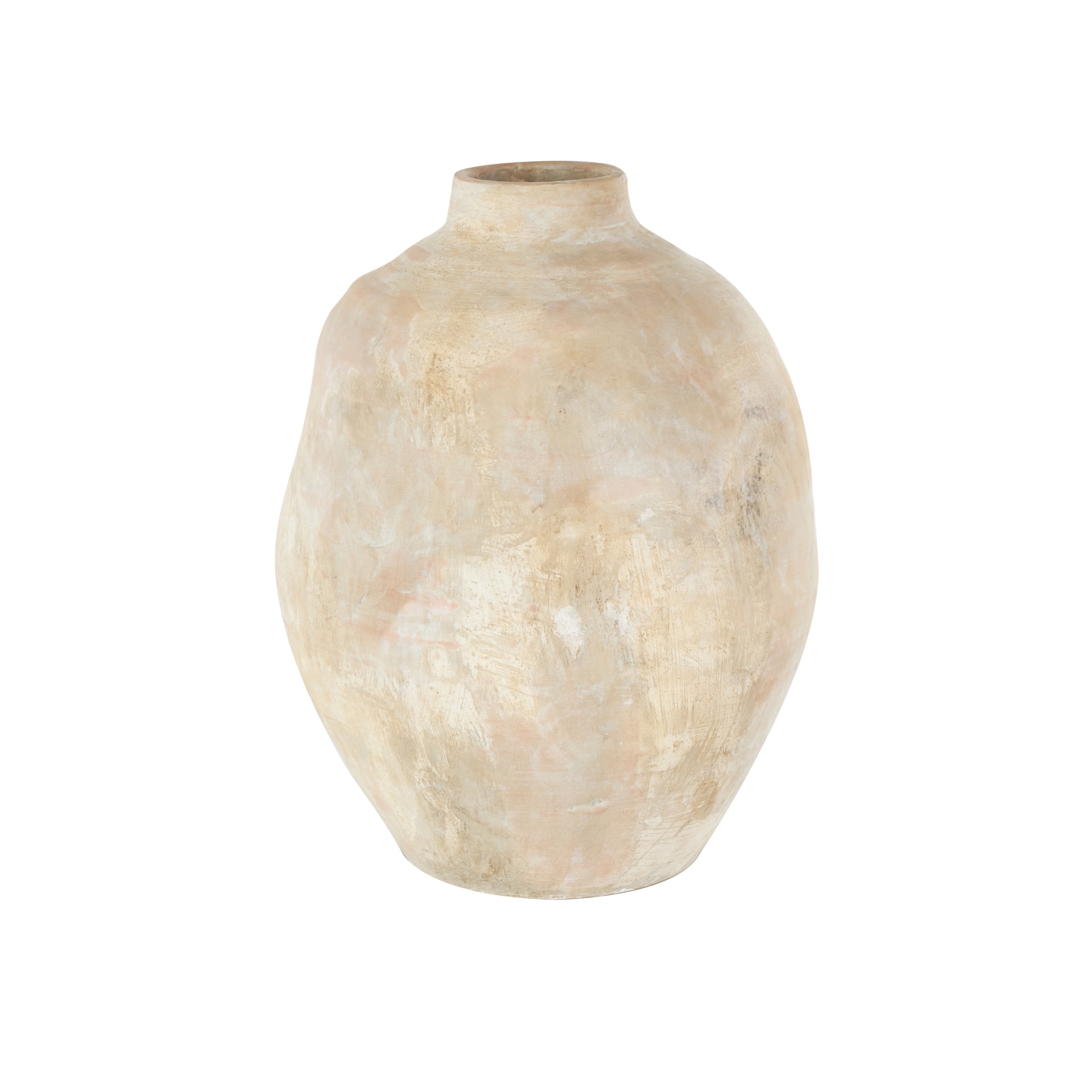 DecMode 14" Antique Wide Beige Ceramic Vase with Shades of Pink