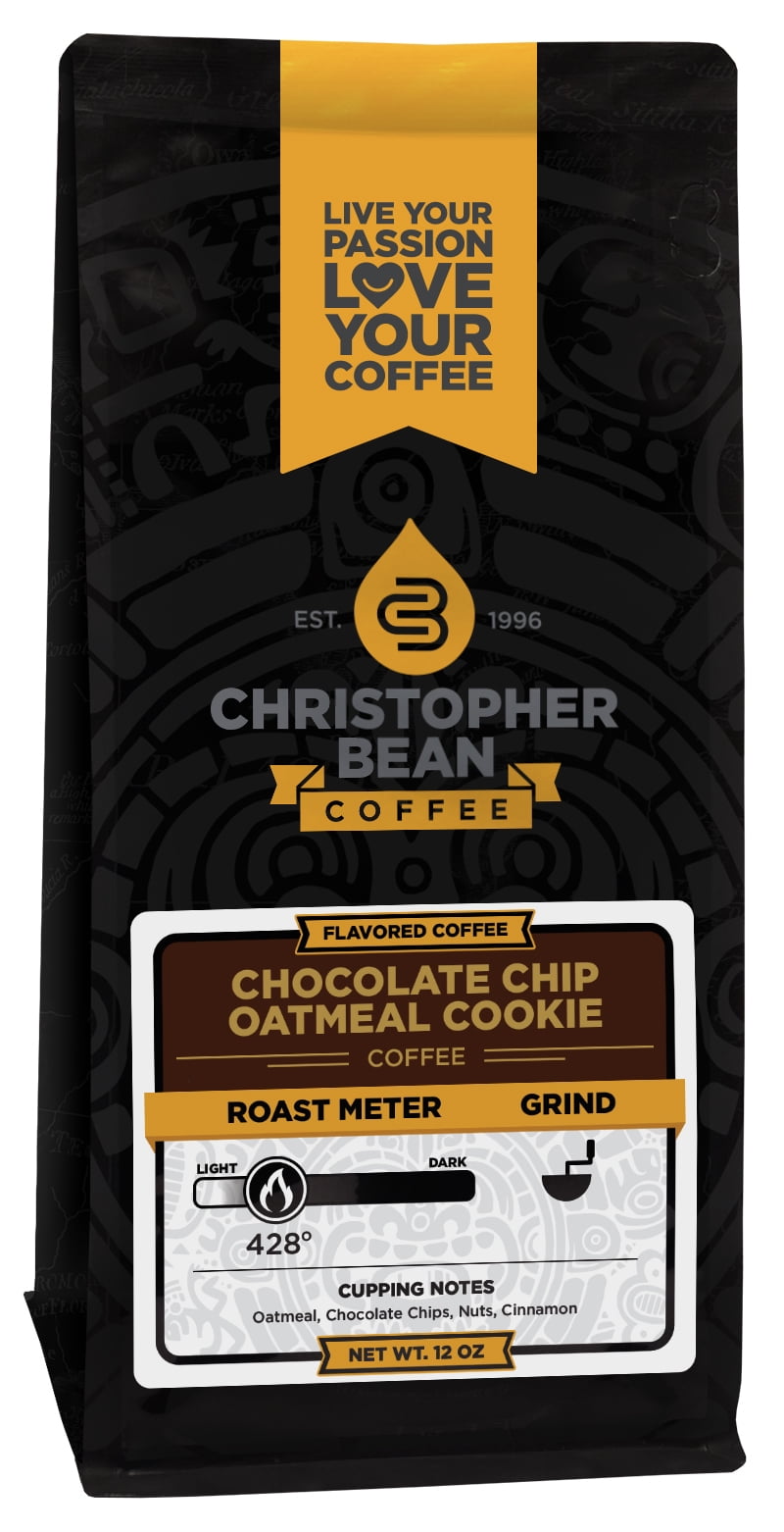 Chocolate Chip Oatmeal Cookie Flavored Regular Ground Christopher Bean Coffee, 100% Arabica, No Sugar, No Fats, Made with Non-GMO Flavorings, 12 Oz Bag