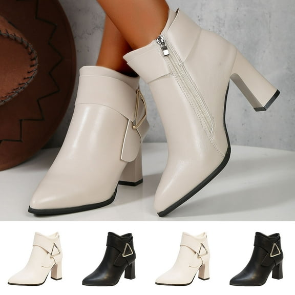 Womens Ankle Boots Chunky Mid Heel Pointy Toe Booties with Side Zipper Casual Outdoor Dressy Comfortable Winter Warm Shoes for Women Black 7.5