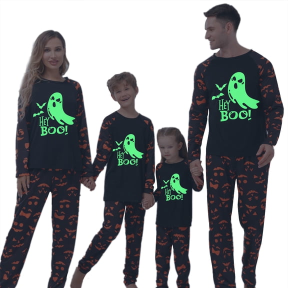 Halloween Pajamas for Family Glow In The Dark Pattern Letter Holiday Sleepwear