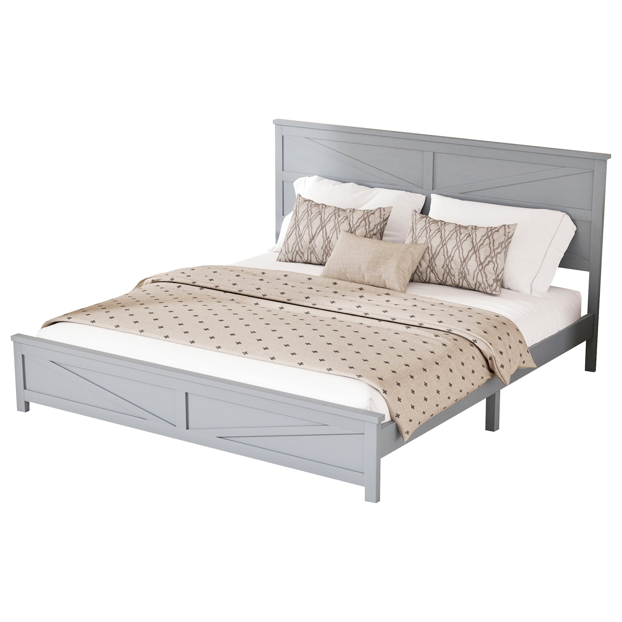 Mintazer Farmhouse King Size Platform Bed with Under-Bed Storage, Platform Bed Frame with Headboard & Footboard for Bedroom, Grey