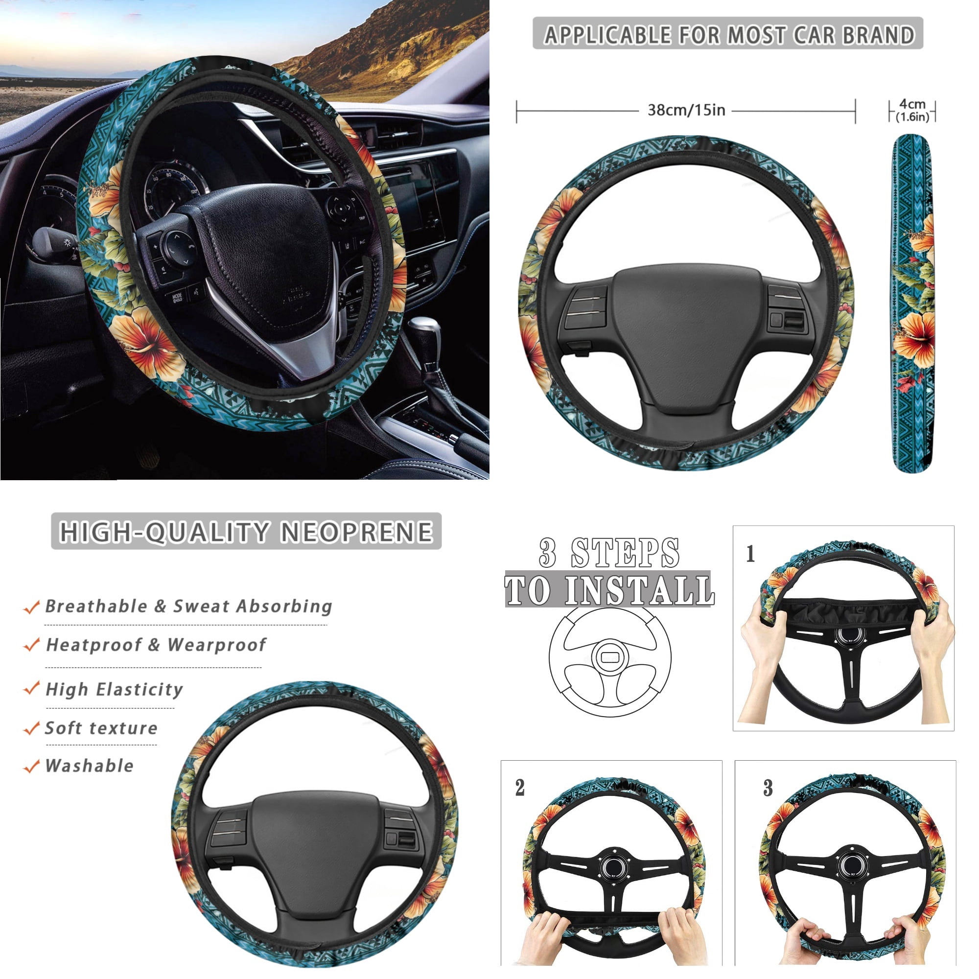 Jeiento Sea Turtle 14 Pcs Car Accessories Set Front Rear Seat Covers Car Seat Belt Pad Trash Bin Steering Wheel Protector Coaster Armrest Pad Gear Shift Cover Aztec Rearview Mirror Cove
