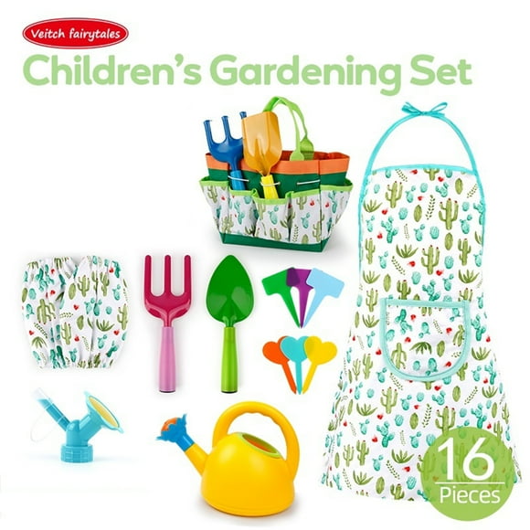 Neinkie 16Pcs/ Set Gardening Tool Set Practical Ability Grip Easily Kids Toys Watering Cans Shovels Aprons Gardening Tool Toy for Kids