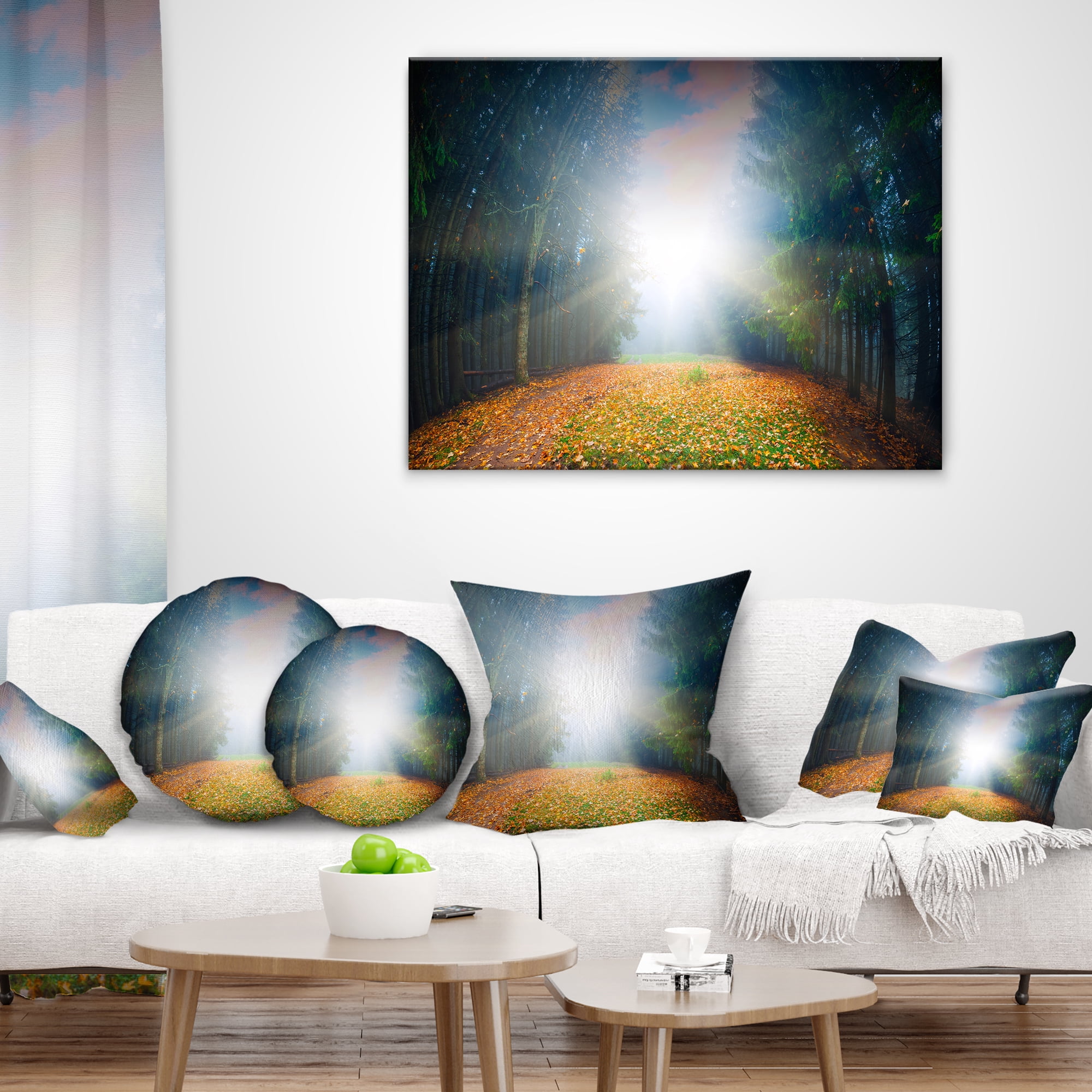 Designart Rising Sun Over Colorful Forest - Landscape Photo Throw Pillow - 12x20