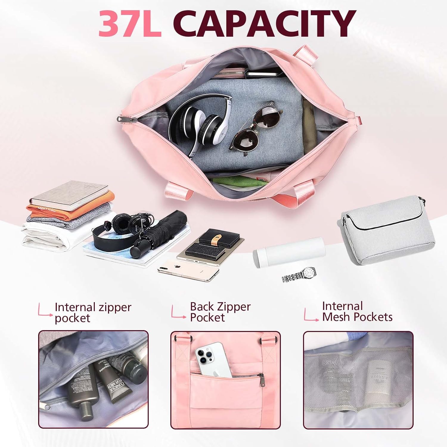 Kwuty TOPBAG Travel Duffle Bag, Waterproof Weekender Carry On Tote Bags for Women, Sport Gym Bag for Men, Hospital Bag for Labor and Delivery, Overnight Luggage Bag with Trolley Sleeve Coral Pink