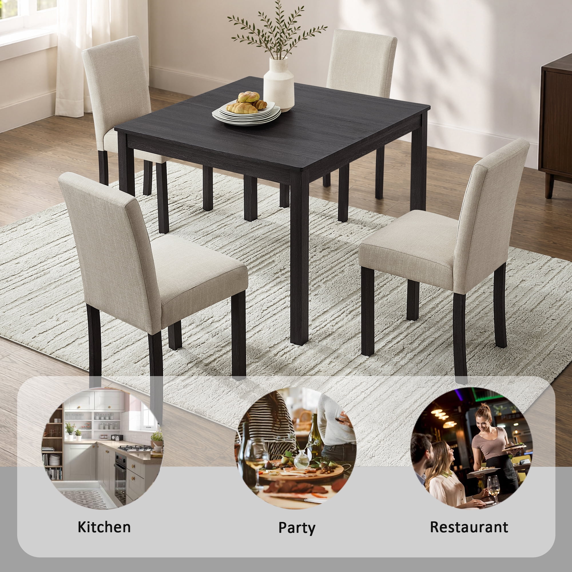5-Piece Dining Table Set for 4, 39" Square Kitchen Table with 4 Fabric Chairs