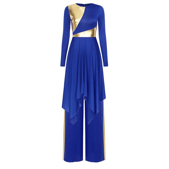 Aislor Tenue de Danse pour Femmes, Robe à Manches Longues Ourlet Asymétrique avec Pantalon Grand, Tenue de Danse Liturgique Bleue TG