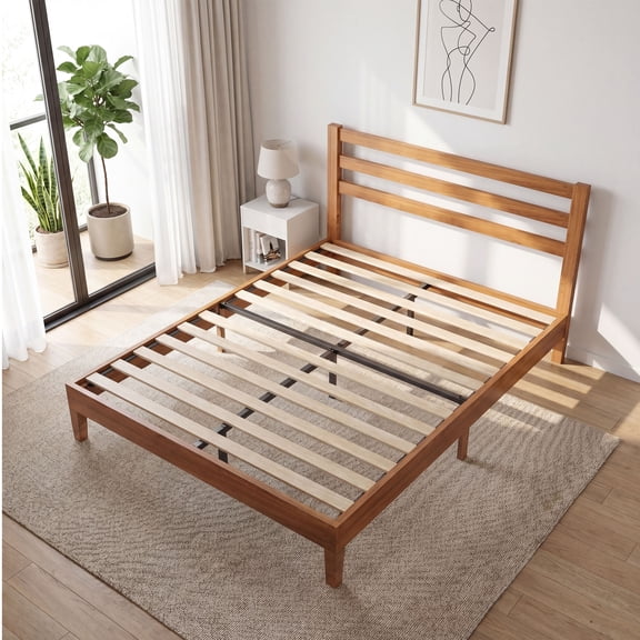 EDX Wood Full Size Bed Frame with Headboard - Walnut Finish, Solid Wood Slat Support System, No Box Spring Required