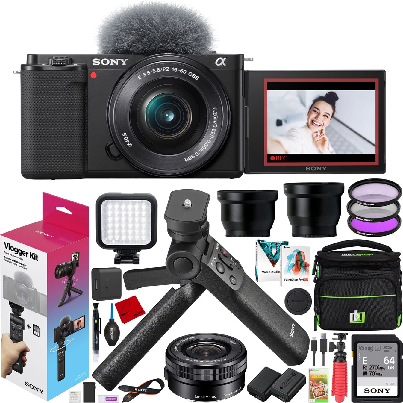 Sony ZV-E10 Mirrorless Camera Vlogger Kit with 16-50mm F3.5-5.6 Lens  Ilczv-E10L/B Black Bundle with ACCVC1 Including GP-VPT2BT Grip + Filters +  Wide & 