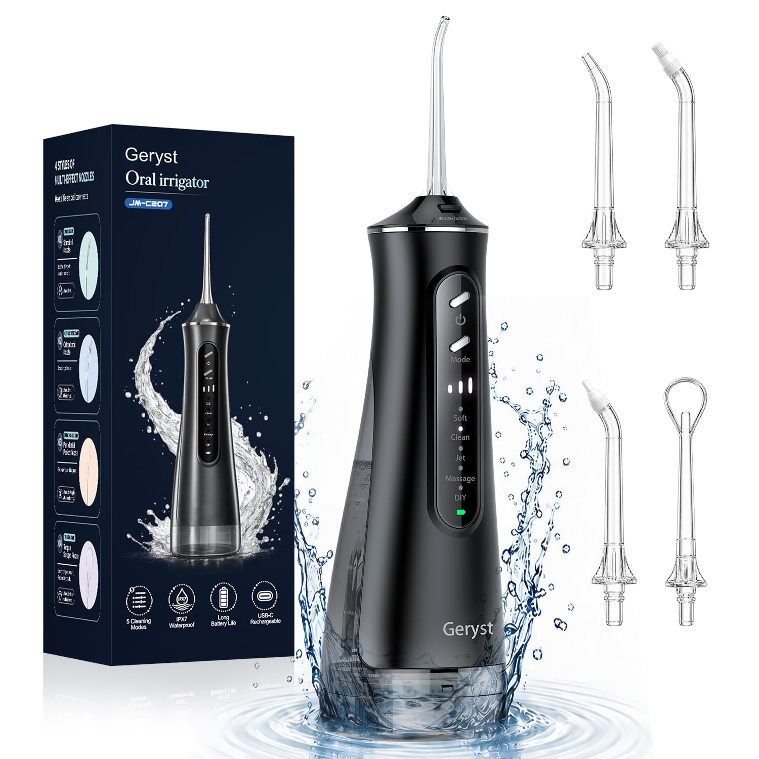 Cordless Water Flosser for Teeth, 300ML Portable Rechargeable Oral Irrigator with 5 Adjustable Cleaning Modes, 3 Pressure Levels and 4 Jet Tips, IPX7 Waterproof Dental Flosser for Home and Travel