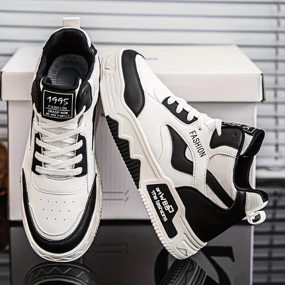 Men'S High-Top Work Sneakers - Thick-Soled Cushioned Comfort, Upper & Arch Support, Round Toe Design, Lace-Up Ankle Support White/Navy Blue/Black Colorway - Casual & Formal Shoes for Office,