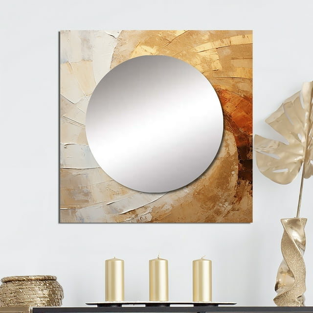 Designart "Shimmering Beige Pottery Circles" abstract spirals Square Mirror For Wall Decor - Large Beige Square Mirror Printed Wall Decor - Modern Square Living Room Mirror