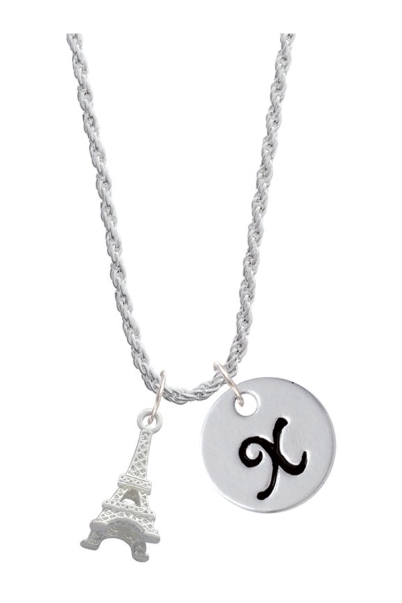 Silvertone 3-D Eiffel Tower Silvertone Script Initial Disc - X - Charm Necklace, 20"+3"