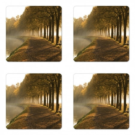 

Tree Coaster Set of 4 Walkway at the Canal in Morning Mist Foggy Blurry Day Relaxing Spot in City Picture Square Hardboard Gloss Coasters Standard Size Orange Brown by Ambesonne