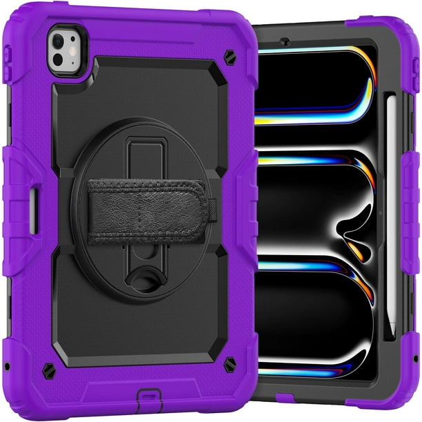 Funda para iPad Pro de 11 pulgadas (M4) 5.ª generación 2024, funda protectora resistente a los golpes con protector de pantalla, soporte giratorio de 360°, correa para mano/hombro