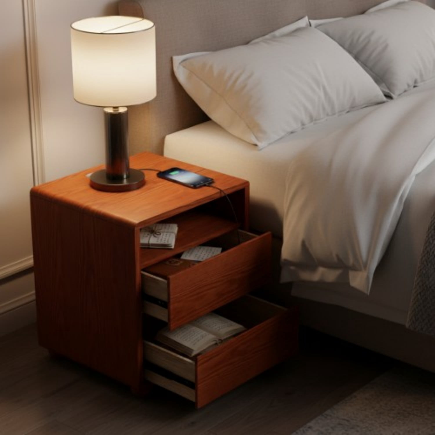 20" Modern Nightstand with Charging Station, 2 Drawers and Open Shelves, Solid Wood Bedside Table with Curved Design, Mid Century Side Table for Bedroom, Living Room, Walnut
