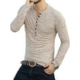 thumbnail image 3 of Haut Homme Col Rond Bouton Blouse Manches Longues T-shirt Homme Long Décontracté Coupe Ajustée T-shirt, Kaki, G, 3 of 5