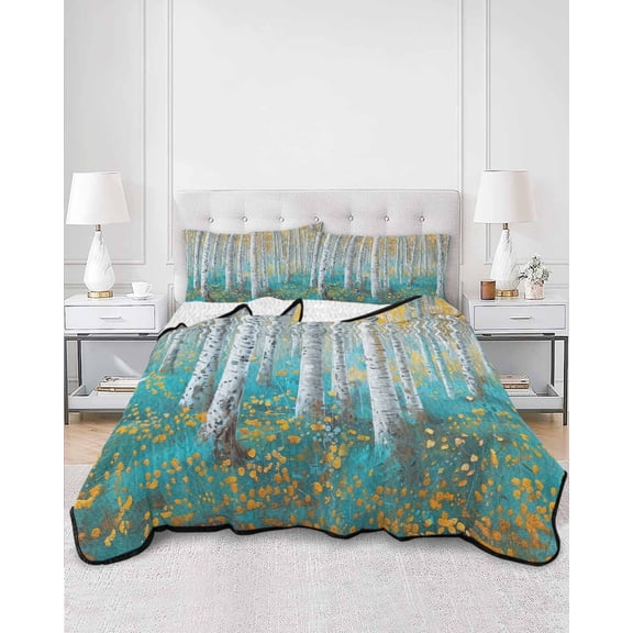 Quilts King Size, Teal Yellow Oil Painting Soft Comforter Bedding Set for Bed, Contemporary Abstract Art Lightweight Quilted Bedspread with Pillow Cover(2 Pieces) for All Season, 96x106 Inch