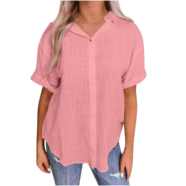 Vestidos Casuales Para Mujer, Blusas De Mujer De Moda Blusa de verano tipo túnica de lino con botones y manga corta y cuello en V para mujer