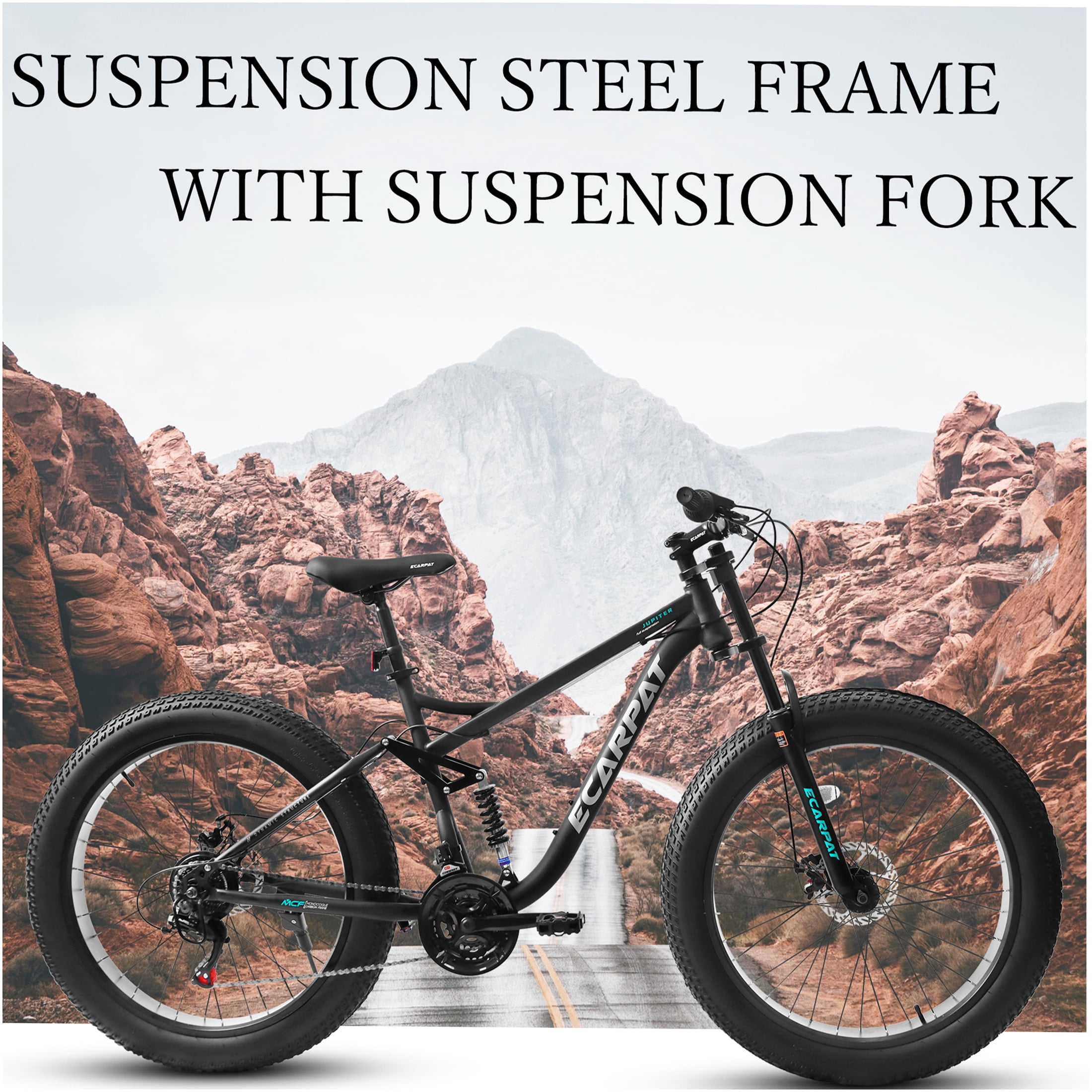 JERFIT Men's 26" Full Suspension Mountain Bike, 21-Speed Shimano Drivetrain, 4" Fat Tire, Disc Brakes, All-Terrain MTB Bicycle for Adults