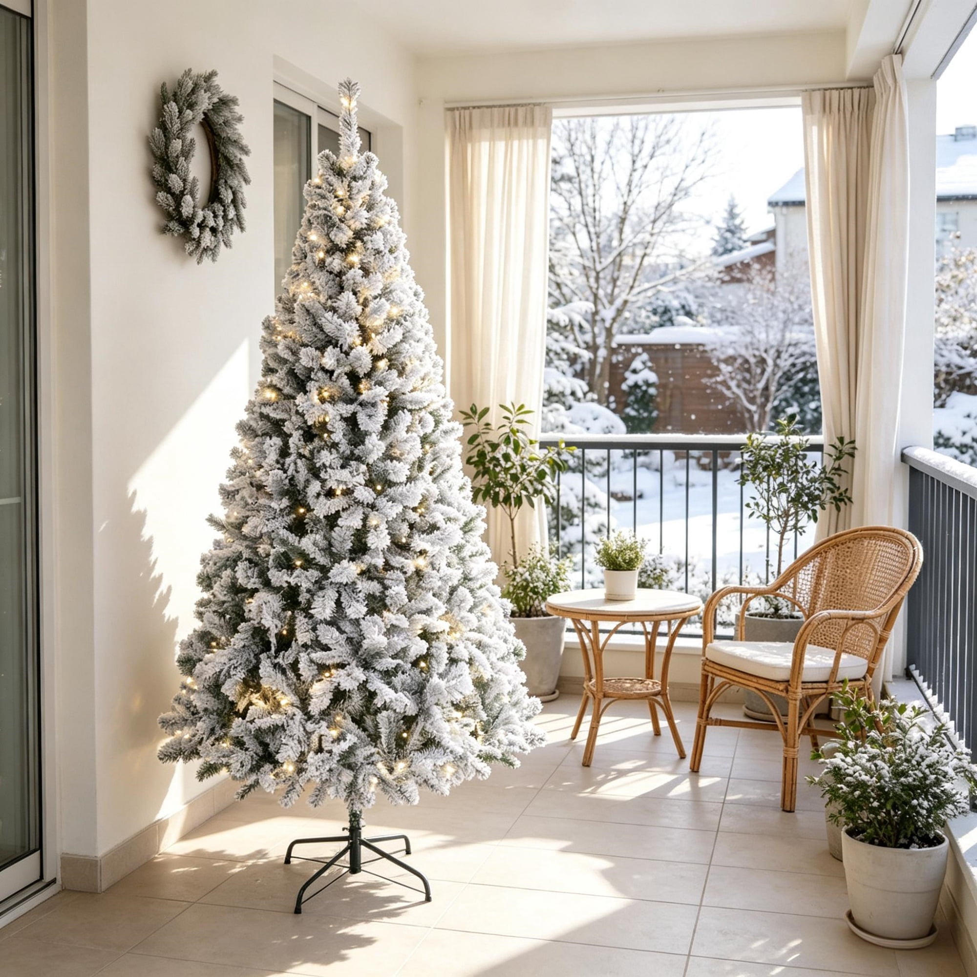 6 ft Pre-Lit Flocked Christmas Tree with Warm White Lights, Hinged Branches and Foldable Metal Stand