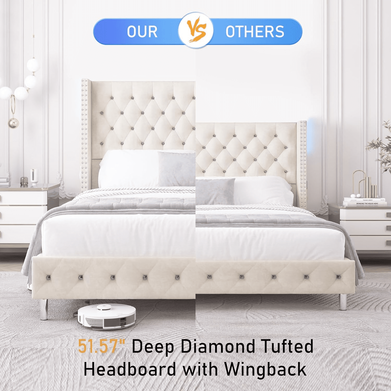 Blotout- Queen LED Upholstered Bed Frame with Wingback Headboard, Velvet Diamond Button Tufted Bed Frame USB & Type-C Ports and Side Pockets, Wood Slats Support, No Box Spring Needed