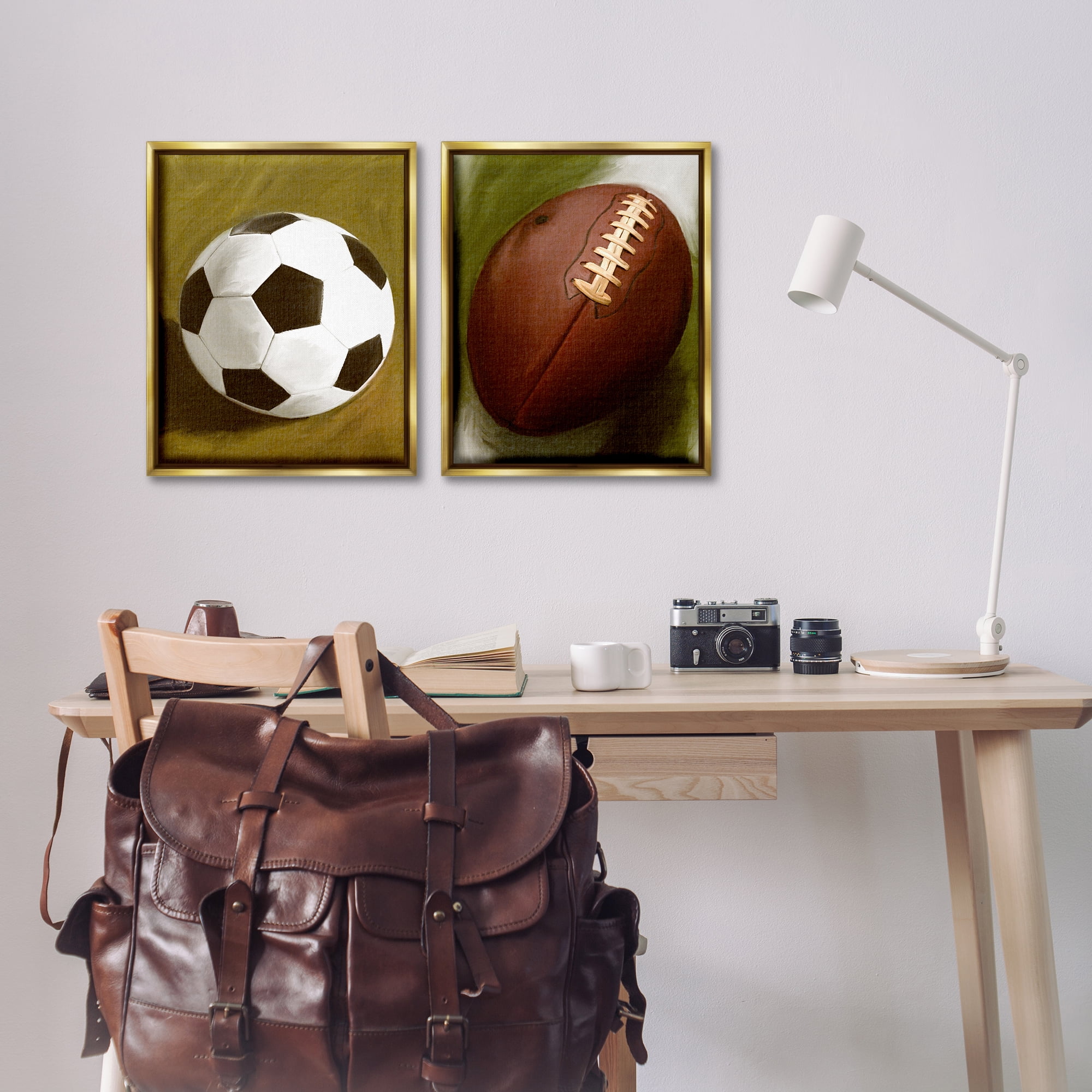 Stupell Industries Soccer & Football Traditional Sports Painting Gold Floater Framed Canvas Art Print Wall Art, 17 x 21, Set of 2