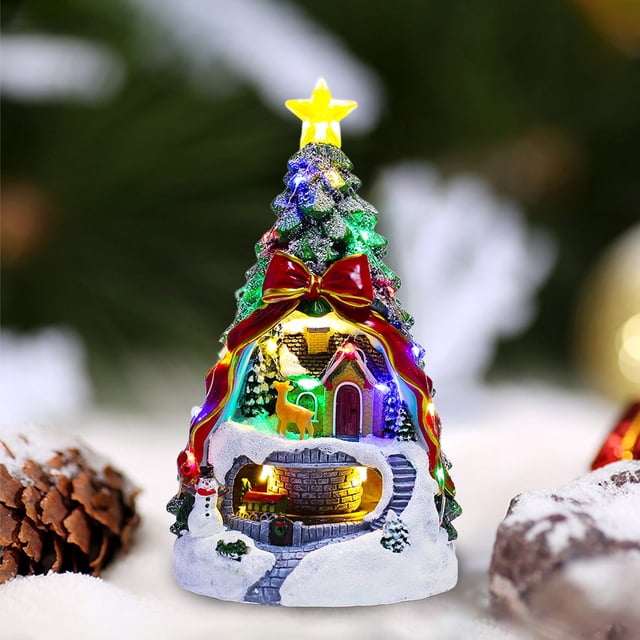 Danhjin Small Pendant Christmas Decorations Light Up Music Train House Christmas Tree Snow House Desktop Ornaments Music Box Christmas Gift Christmas Decorations