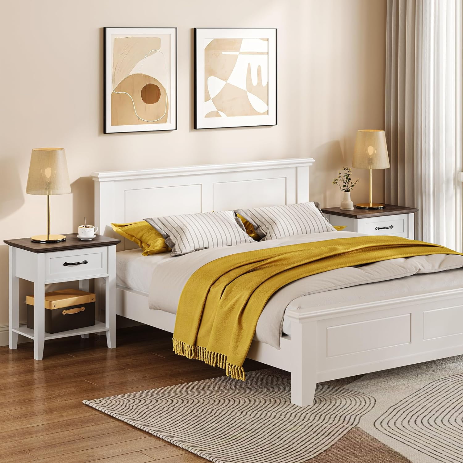 Homhougo Nightstand Set of 2 with Drawer & 2 Tiers Storage Shelves, End Table with Handle for Bedroom, Living Room, Easy Assembly