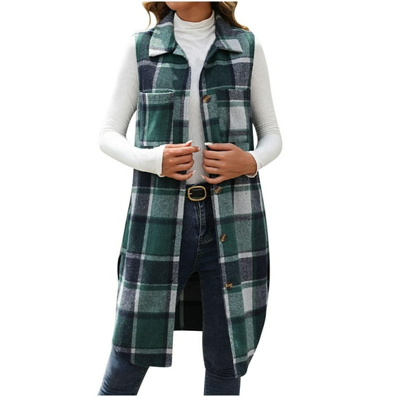 ZQUUVOU Women's Fall Winter Long Vest Plaid Button Down Collar Sleeveless Jacket Classic Pattern Trendy Vintage Vest Green