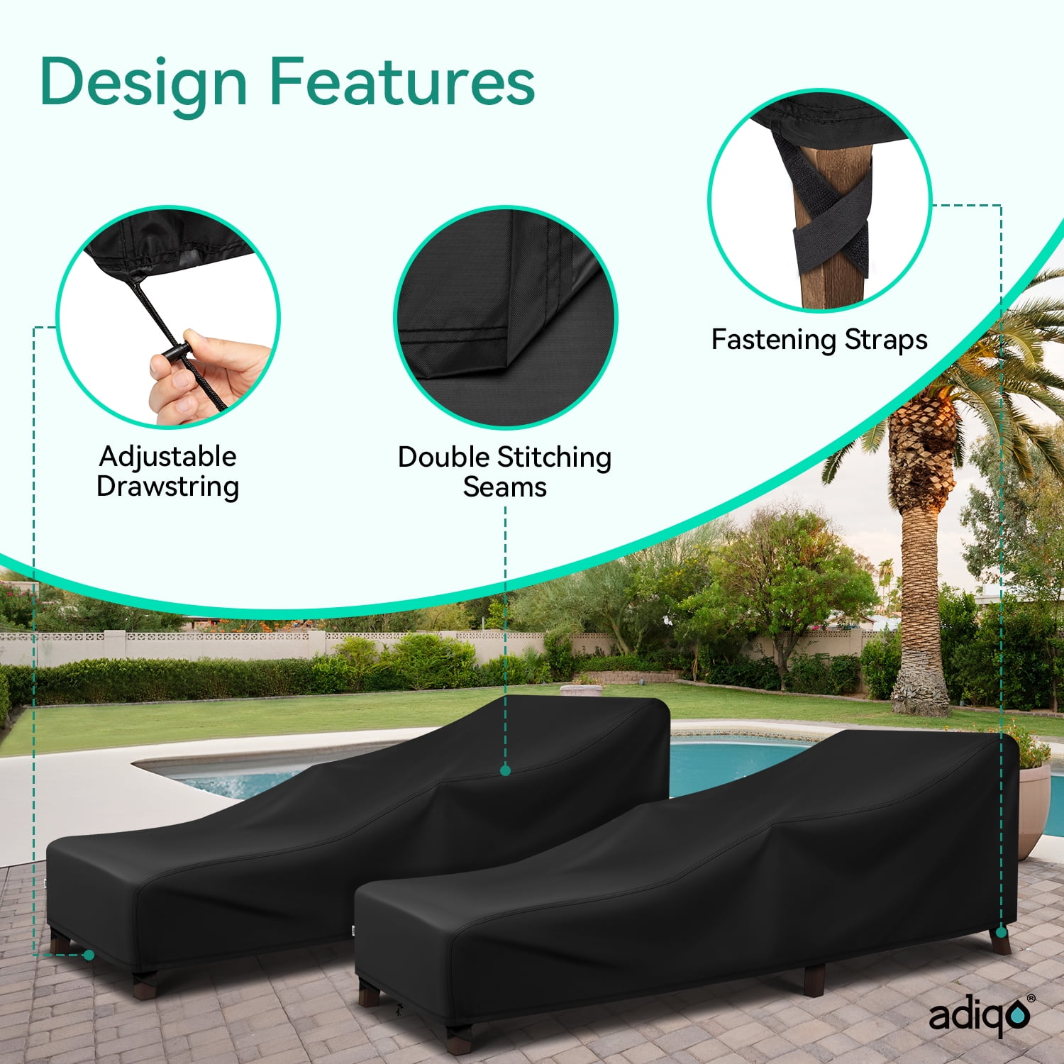 Adiqo Outdoor Chaise Lounge Covers Waterproof, Patio Lounge Chair Covers for Sun Lounger Pool Sunbathing 2 Pack, 80"W x 30"D x 26"H, Black