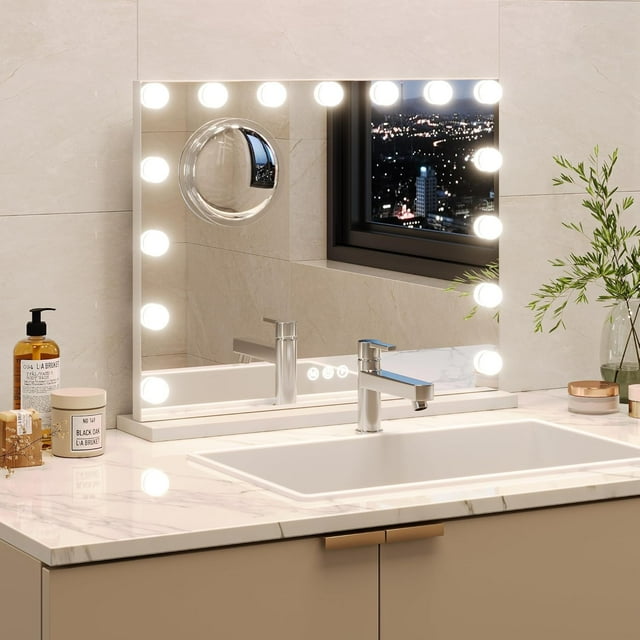 Miroir de Meuble-Lavabo avec Lumières, Miroir de Meuble-Lavabo avec 15 Ampoules DEL à Intensité Réglable, Miroir de Maquillage avec Lumières, et Miroir Grossissement 3X, Toucher Intelligent 3 Couleurs à Intensité Réglable, Cadre en Métal, Blanc