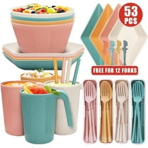 53pcs  Wheat Straw Dinnerware Set, Portable Bowls, Cups, Plates with Sauce Dish and Salad Bowl, Creative Vertical Stripe Camping Tableware