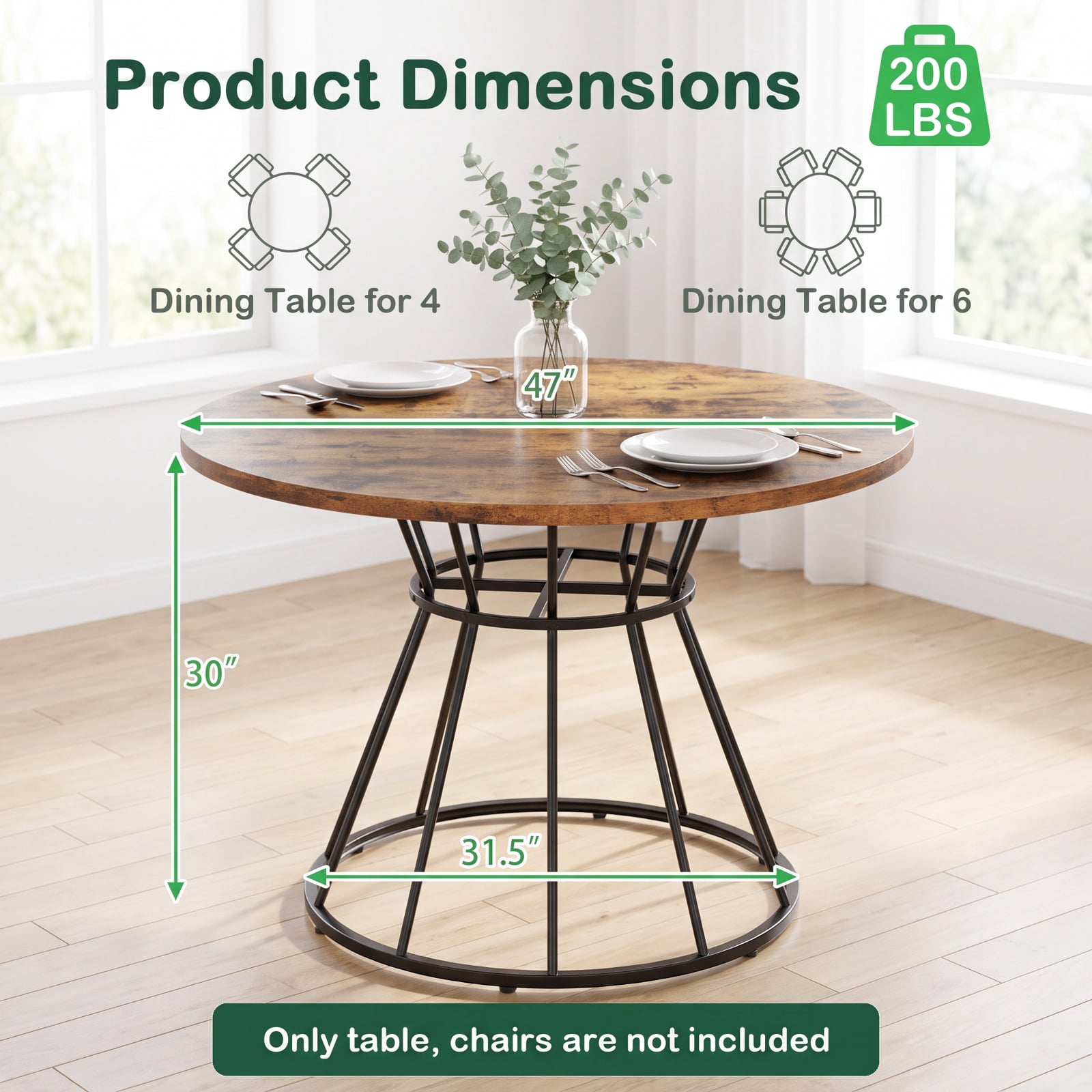 Furnibear 47 Inch Round Farmhouse Dining Table for 4 with Brown Wooden Tabletop