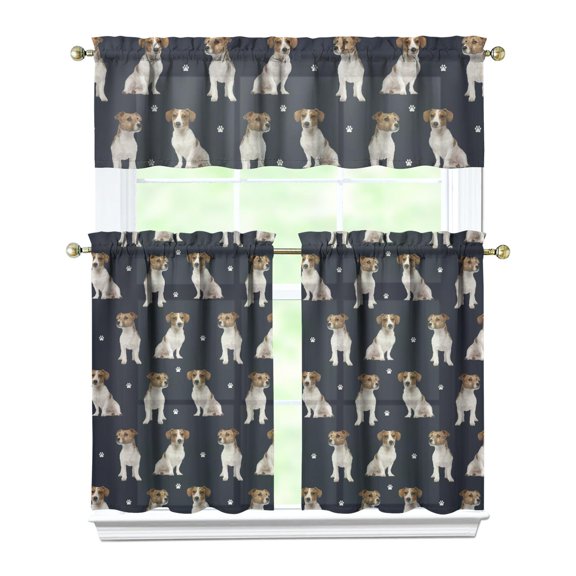 Dog Print Kitchen Curtains 36 Inch Short - 3 Panel Set, Cute Puppy & Floral Design, Rod Pocket Pet Lover Curtains 100% Polyester, Paw & Bone Pattern for Kitchen, Living Room, Bedroom, Easy Wash