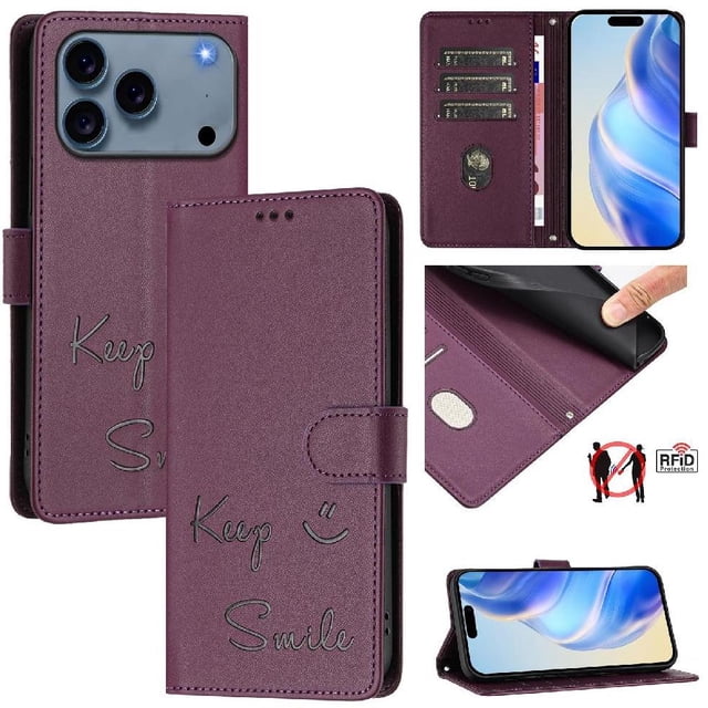 Wallet Case for iPhone 17 Pro with RFID Block, Magnetic Closure & Card Slots - Keep Smile Design Purple