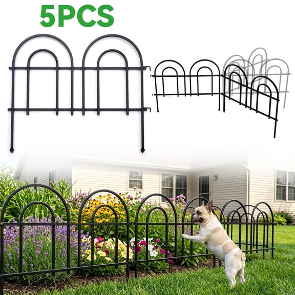 BSHAPPLUS® Garden Fence 5 pack ,20in (H) x 10ft (L) Metal Fence,No-Dig Decorative Fence,Arch Picket Fence,Animal Wire Fence,Rustproof Black Powder Coated Steel Fence for Yard, Lawn and Patio Borders