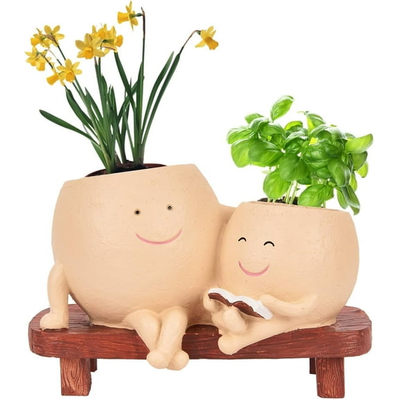 Smily Face Planter Pot, Cute Resin Flower Head Planter with Drainage Hole for Indoor Outdoor