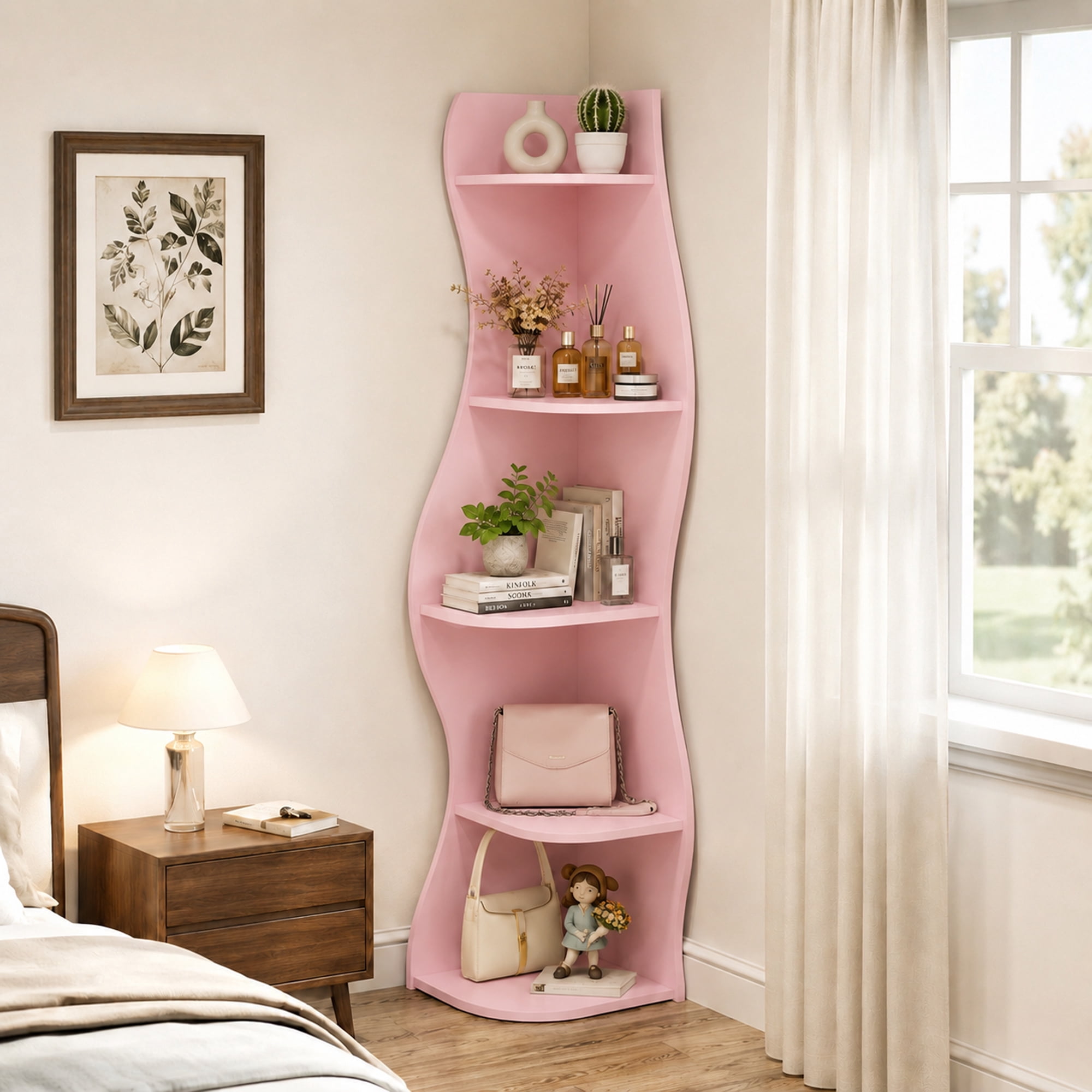 Leumius 5-Tier Bookshelf,Freestanding S-Shaped Corner Shelf Curved Display Rack,Space-Saving Corner Display Bookshelf/Plant Stand for Living Room Home Office,Pink
