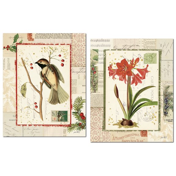 Holiday Nostalgia | FestIVe Song Bird, Holly and Floral Set by Katie Pertiet; Two 11x14in Poster Prints. Red/Green