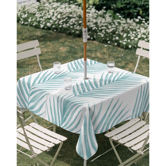Outdoor Tablecloth with Umbrella Hole, Summer Blue Palm Leaves Seamless Zippered Table Cloth for Rectangle Tables, Tropical Leaf Washable Waterproof Tablecloths for Picnic Patio Garden