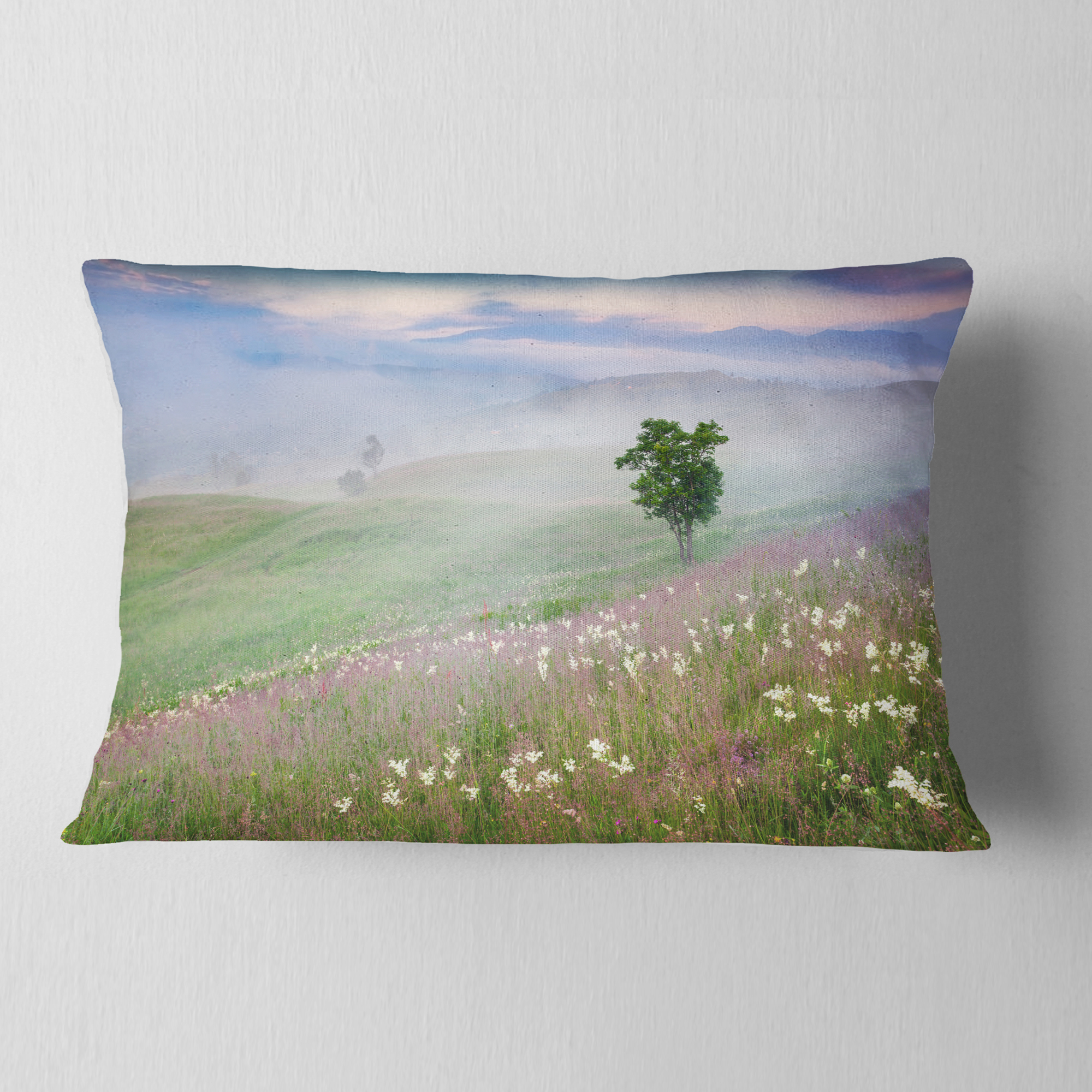 Designart Foggy Summer Morning in Mountains - Landscape Printed Throw Pillow - 12x20