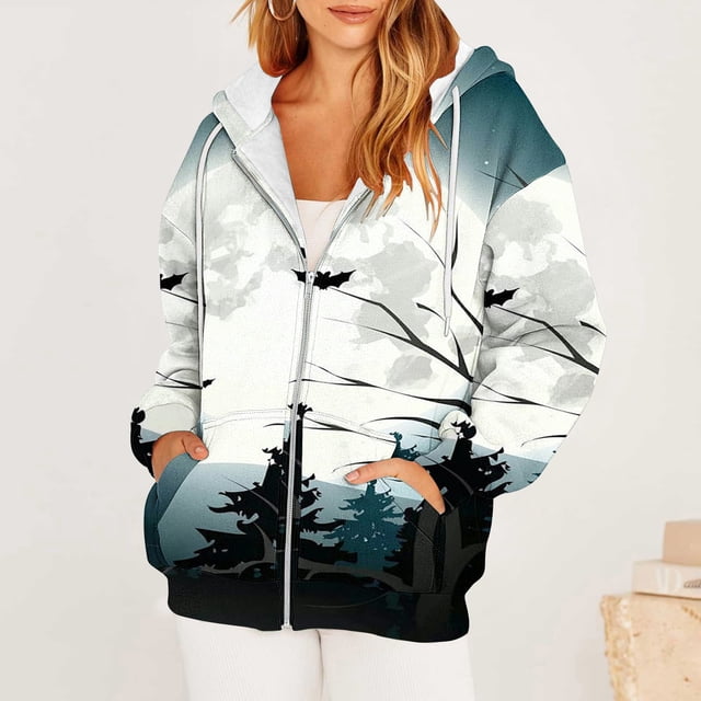 Chandails à Capuche Zippés pour Femmes Rabais de 50 % en Liquidation Blouse Imprimée Mode Hauts à Manches Longues Chandail Poches à Capuche