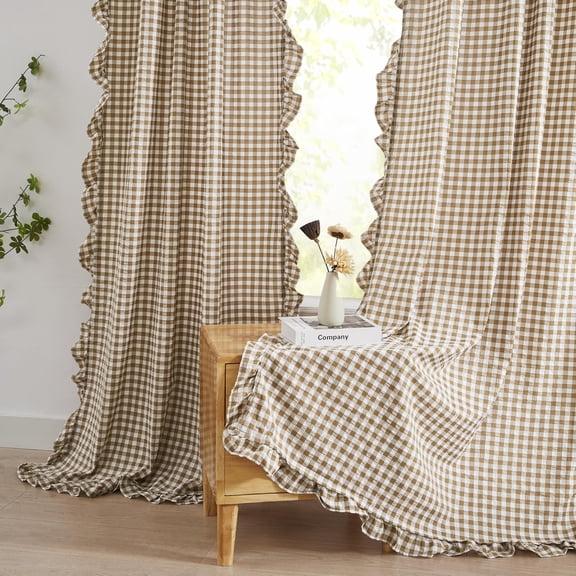 Short Brown White Buffalo Plaid Crinkle Ruffle Curtains 63 Inch