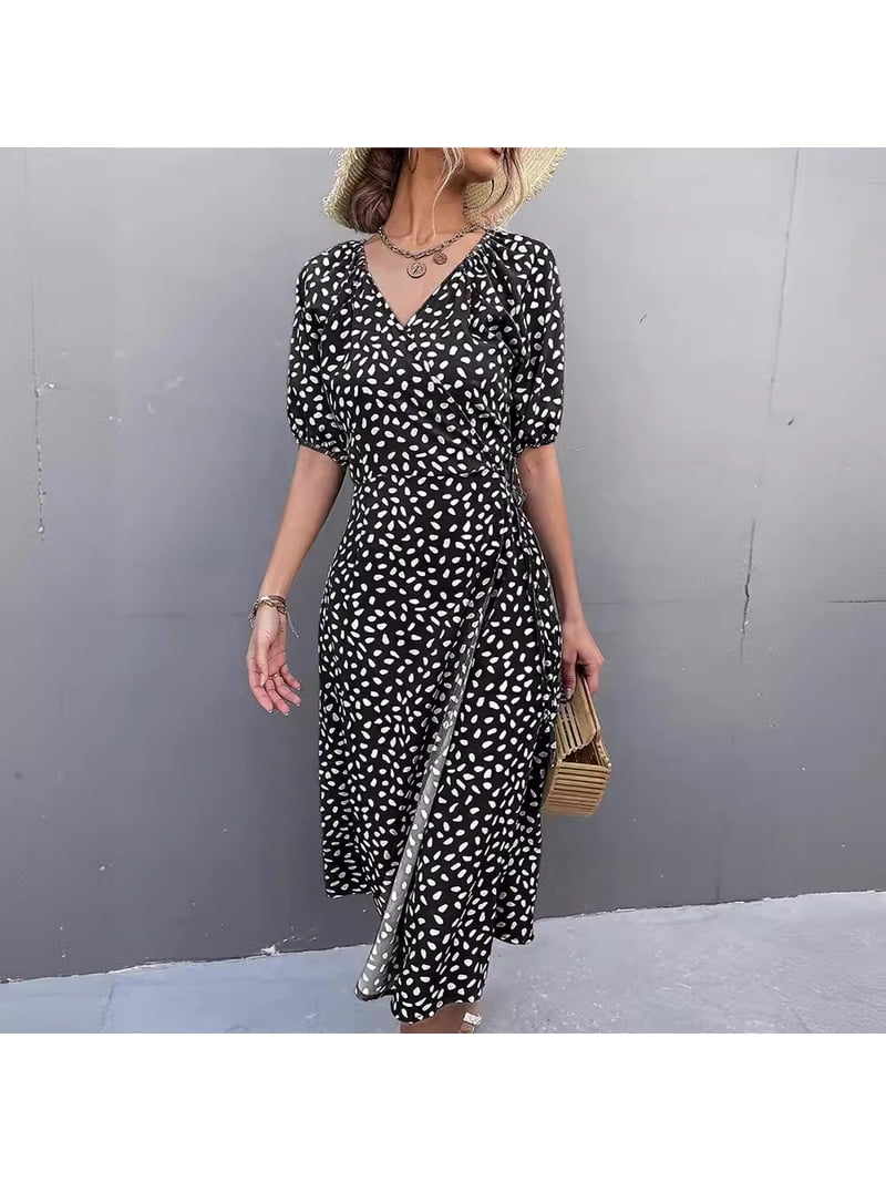 Bohemian style fashionable casual chiffon V-neck side wrap mid-length polka  dot puff sleeve dress - Walmart.com